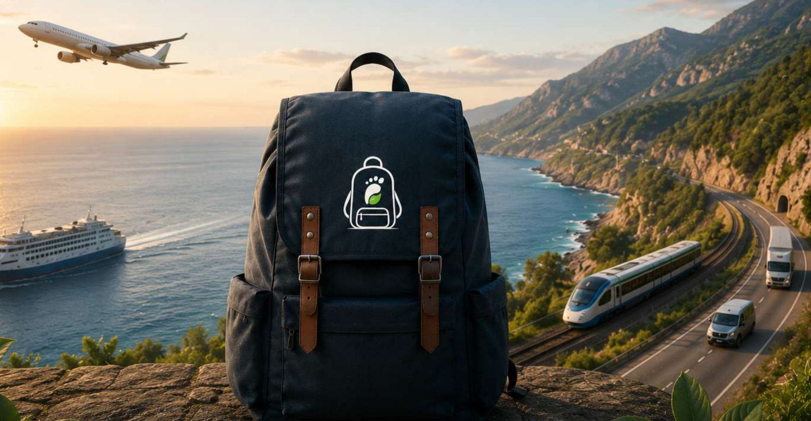 Lo zaino di my carbon trip davanti a mare, treno, nave e aereo